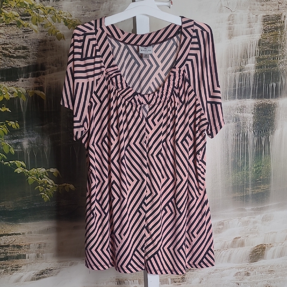 Worthington Womens 1X dressy short sleeve pink black abstract bold blouse